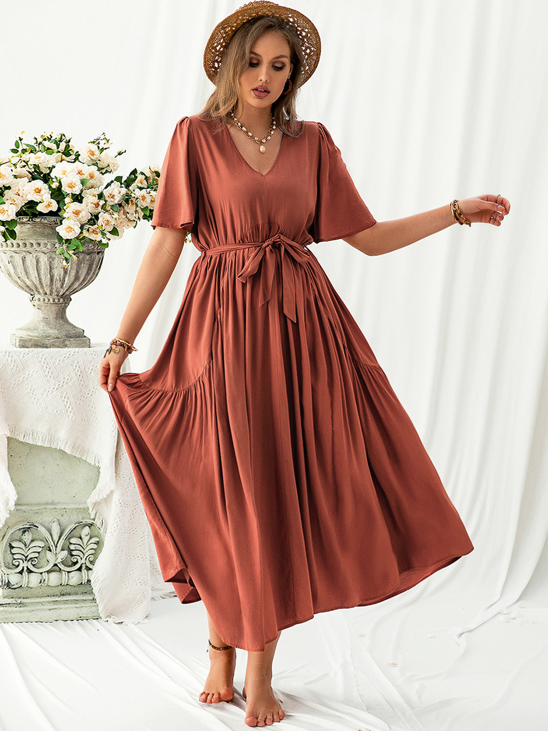 V-Neck Flutter Sleeve Midi Dress – Feminine Charm in Every Step