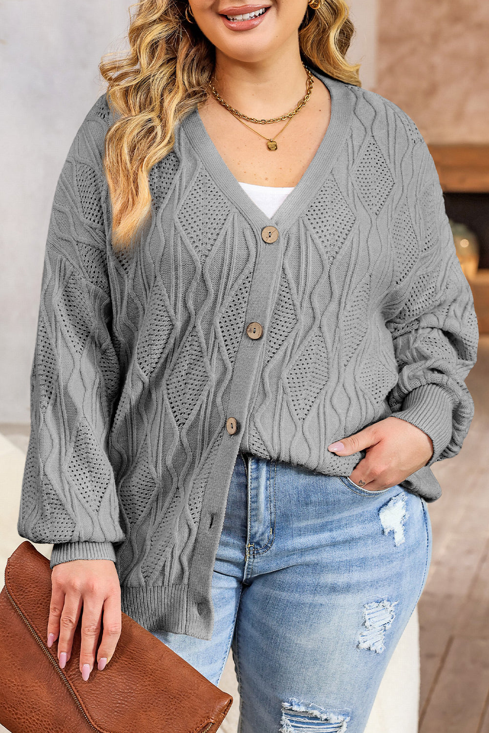 Gray Knitted Button-Up Cardigan