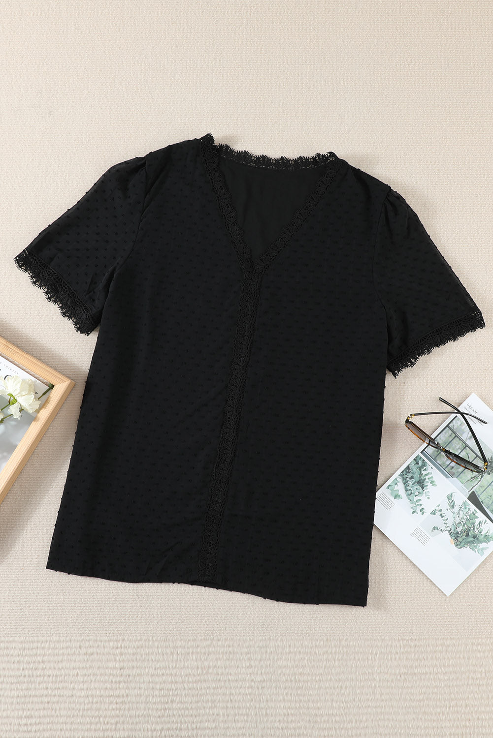 Lace V-Neck Swiss Dot Blouse