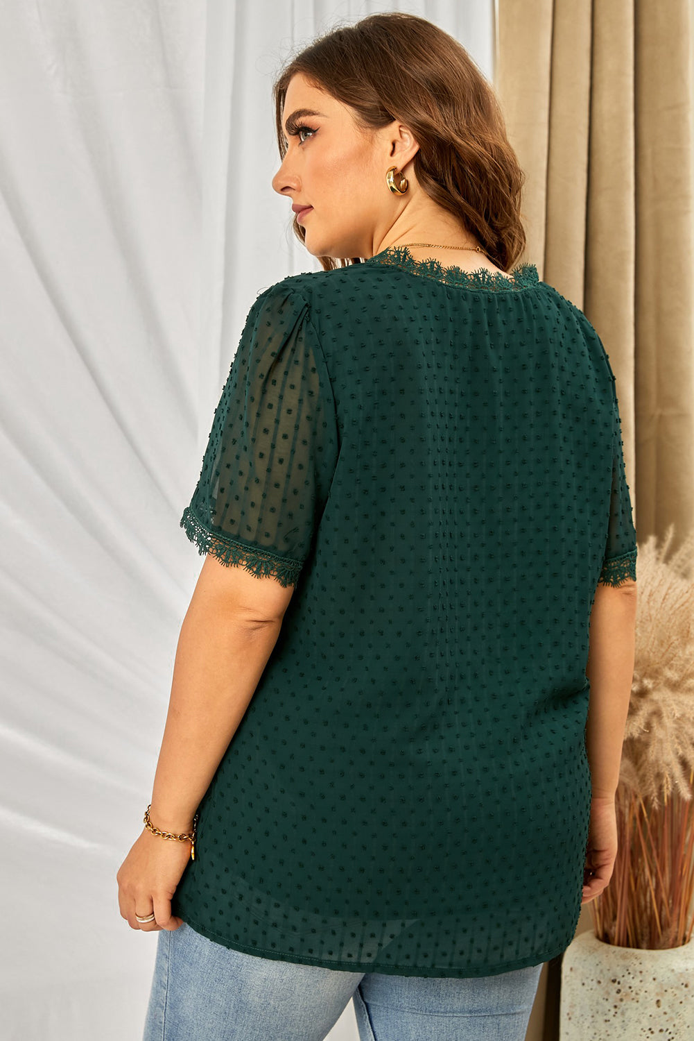 Lace V-Neck Swiss Dot Blouse