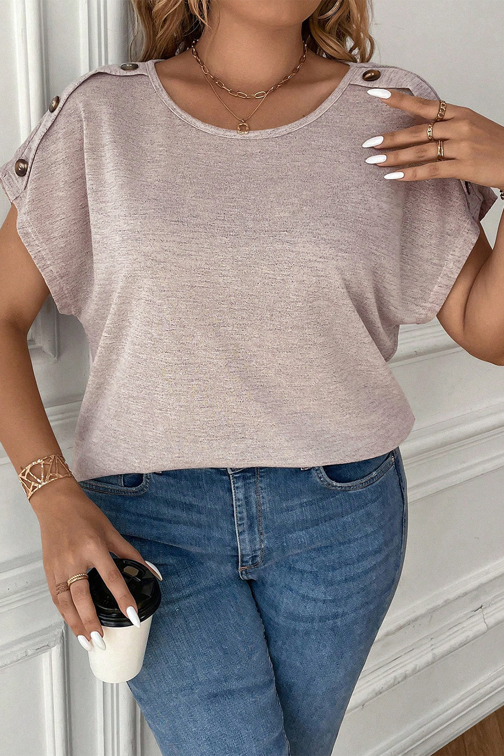 Button Detail Batwing Sleeve Tee