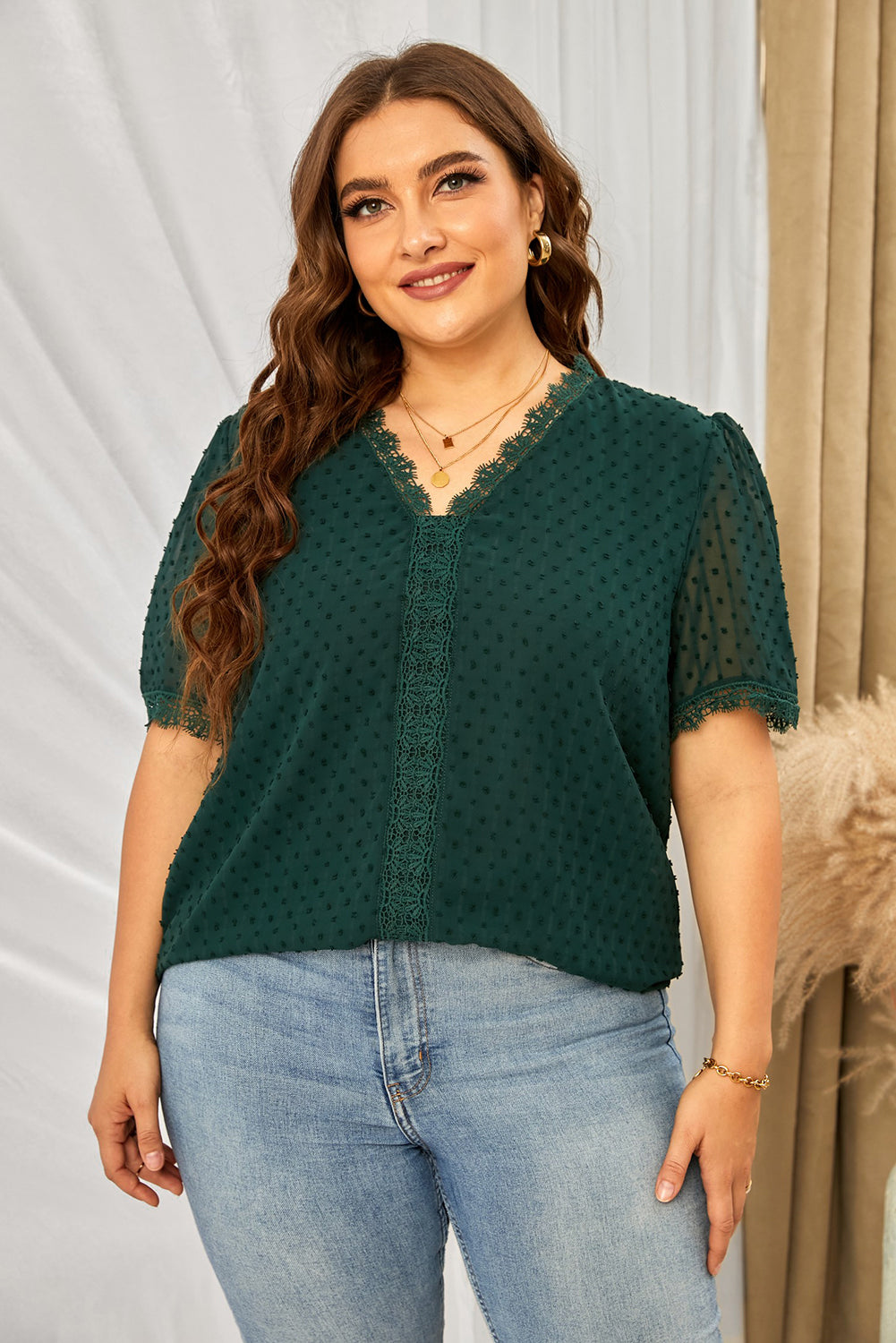 Lace V-Neck Swiss Dot Blouse