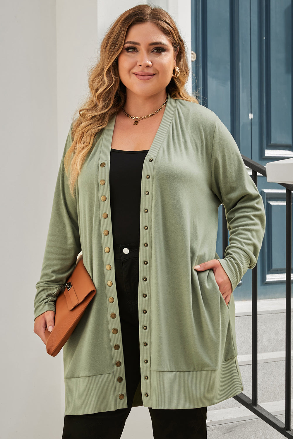 Green Snap-Button Knit Cardigan