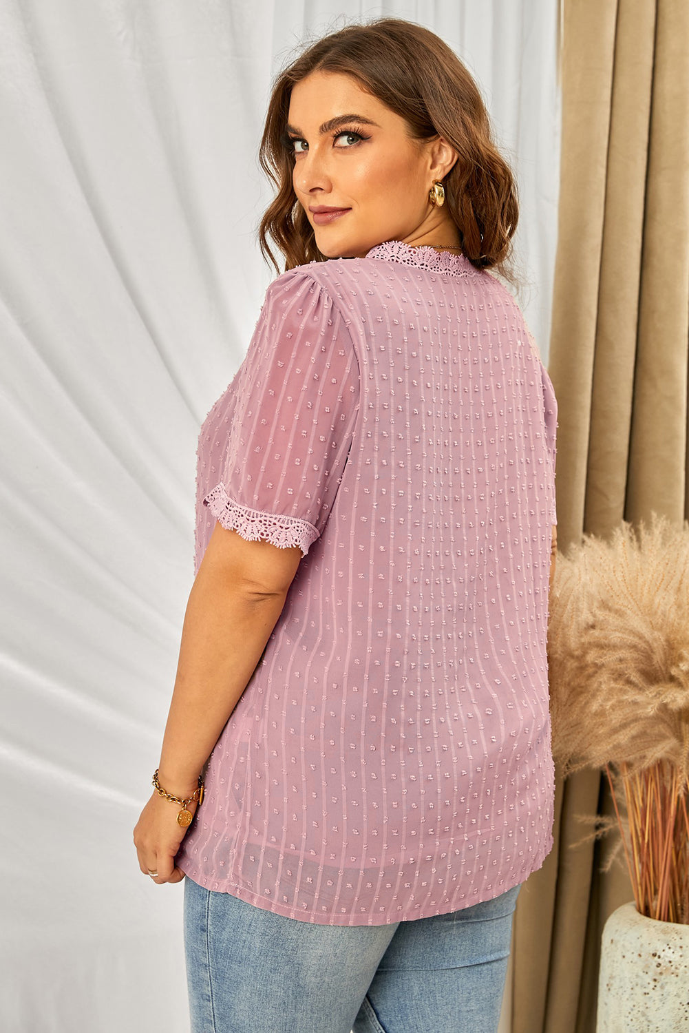 Lace V-Neck Swiss Dot Blouse