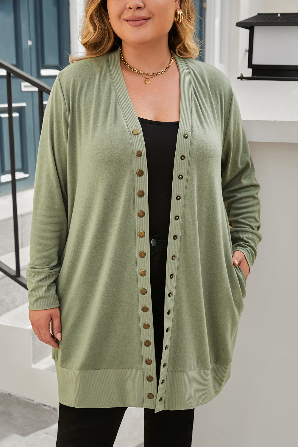 Green Snap-Button Knit Cardigan